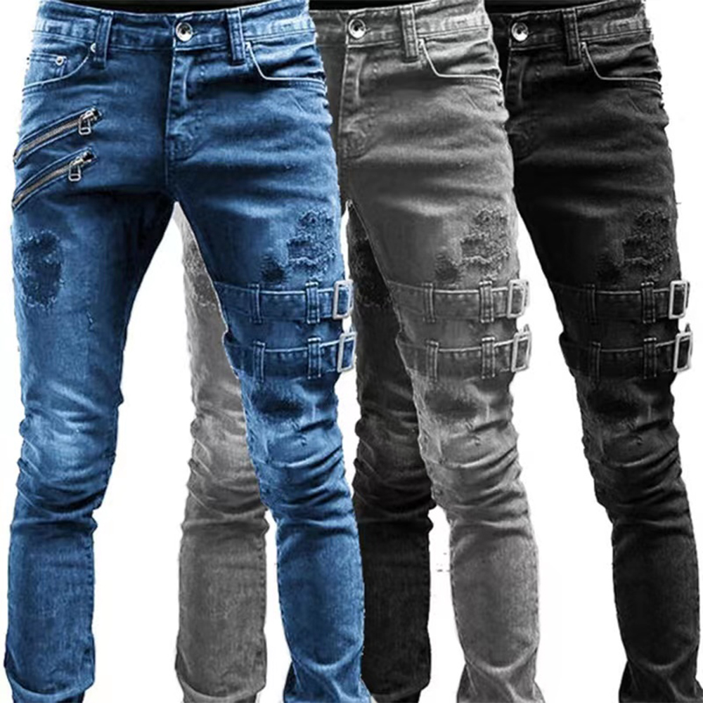Skinny Jeans Ripped - Ретро мото байкерские прямые эластичные джинсы